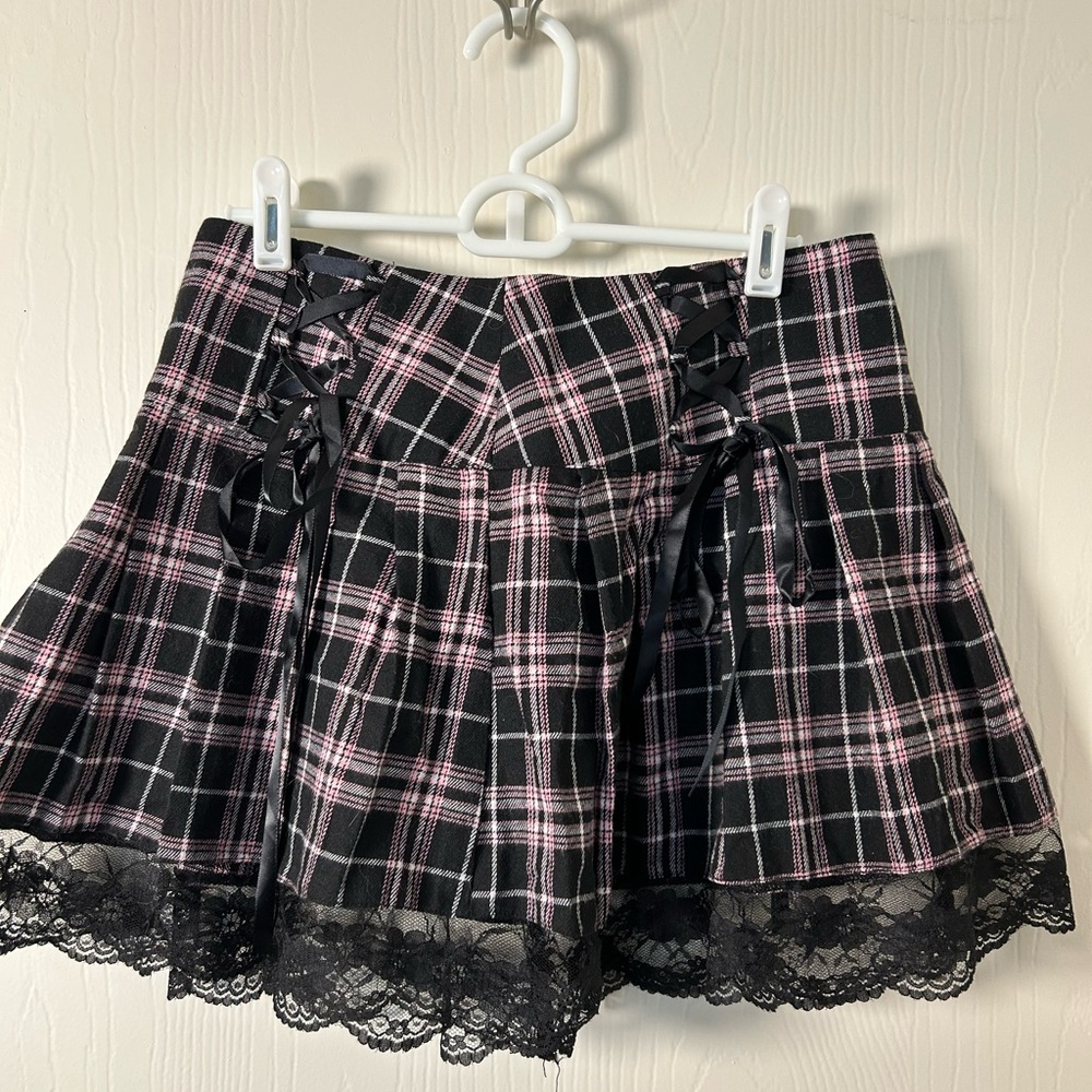 Plaid Mini Skirt with Lace Trim